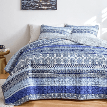 Bohemian Quilt Set Queen Size,3Pcs Blue Stripe Bedding Set Lightweight Adult(90"x 96")