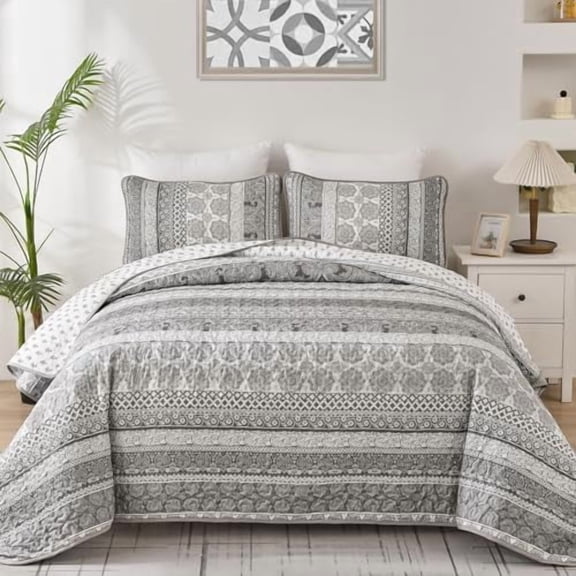 Boho Quilt Set Queen Size, Grey Bohemian 3 Pieces Quilt Sets, Gray Lightweight Bedspread Coverlet Bedding Set for All Season (96"x90")