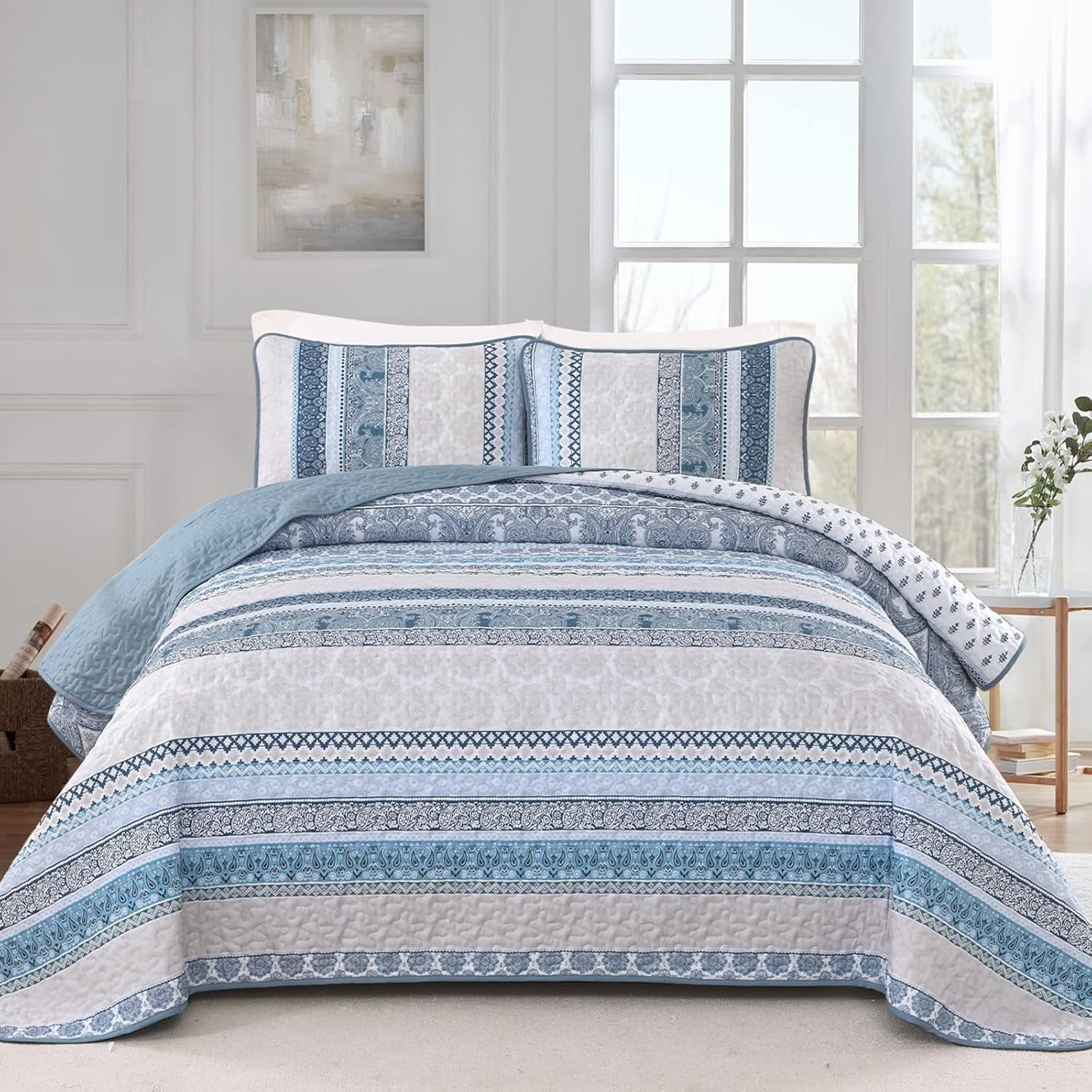 Boho Quilt Set Queen Size, Light Blue Bohemian 3 Pieces Quilt Sets, Lightweight Summer Bedspread Coverlet Bedding Set for All Season (96"x90")