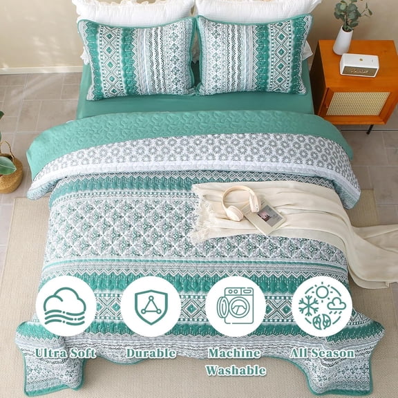 Boho Quilt Set  Size Green Coverlet - Bohemian Striped Bedding Sets for All Seasons