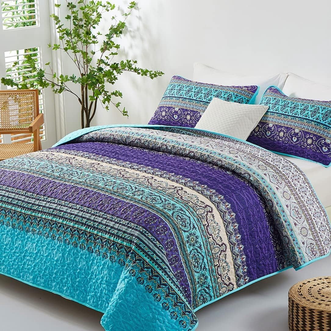 Boho Quilt Twin Size, 2 Pieces Blue Bohemian Lightweight Microfiber Bed ...