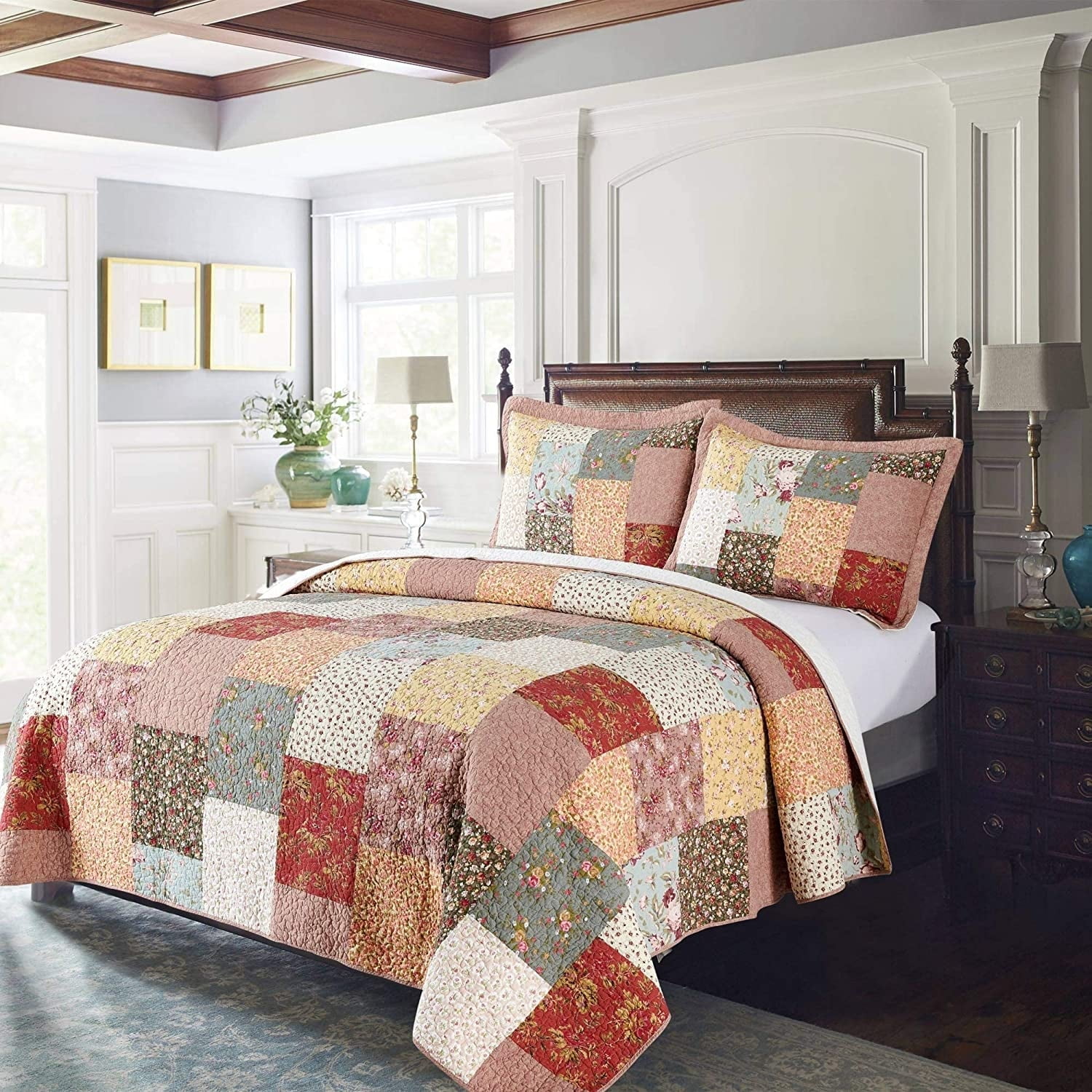 Boho-Royal Garden Reversible Cotton Quilt Set, Queen - Blue