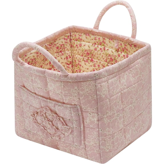 Boho Quilted Floral Storage Basket, Large Collapsible Fabric Organizer with Reinforced Handles & Side Pockets for Car, Home, Picnic, Laundry