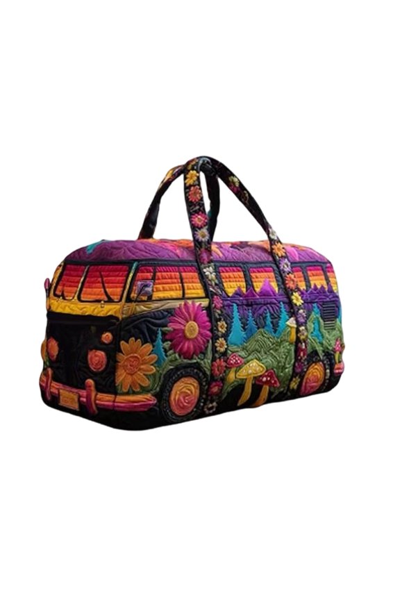 Boho Quilted Travel Duffel Bag, Large Weekender Tote, Colorful Hippie Van Design