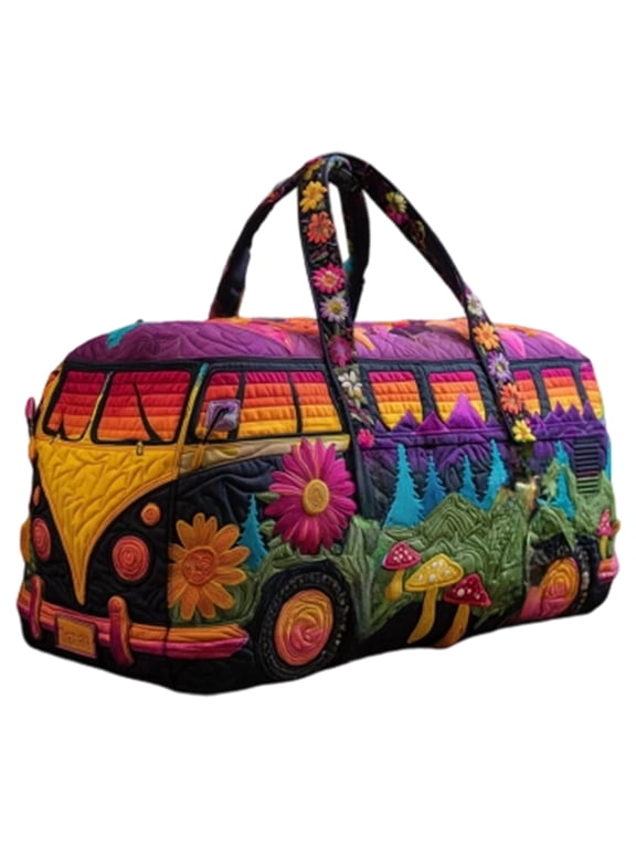 Boho Quilted Travel Duffle Bag Vintage Hippie Van Weekender Bag Large Floral Overnight Tote Lightweight Carry On Luggage Gym Bag Retro Camper Duffel for Women Men Road Trip Vacation Travel