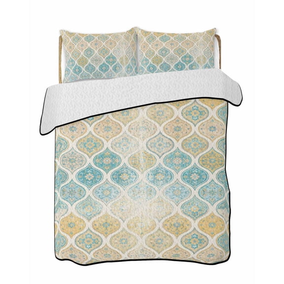 Boho Quilts Bedding Set Queen Size Moroccan Trellis Yellow Argyle Geometric Flower Texture Lightweight Quilted Bedspread 3 Piece Bed Quilt with 2 Pillow Shams All Season for Bedroom 78" x 90"