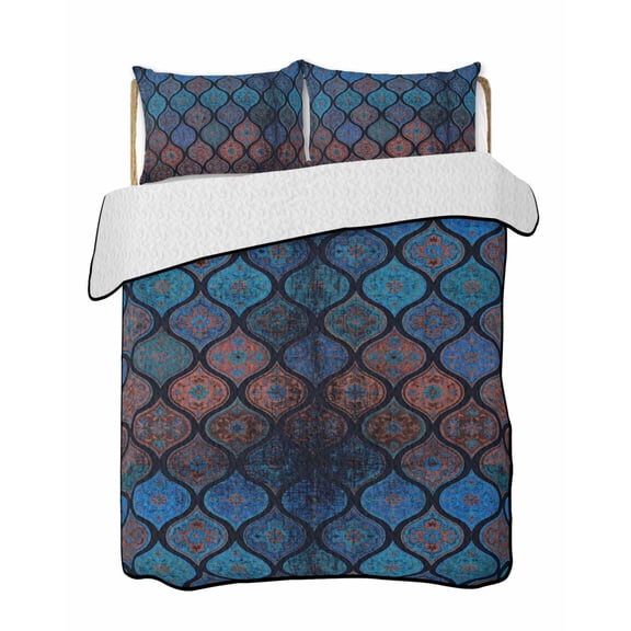 Boho Quilts Bedding Set Twin Size Moroccan Trellis Blue Red Black Geometric Flower Texture Lightweight Quilted Bedspread 3 Piece Bed Quilt with 2 Pillow Shams All Season for Bedroom 68" x 86"