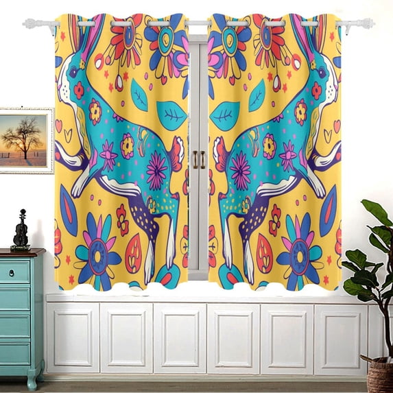 Boho Rabbit Flowers Curtain Black Out Thermal Insulation Curtains Aesthetic 54 Inch Length for Bedroom Living Room 2 panels set