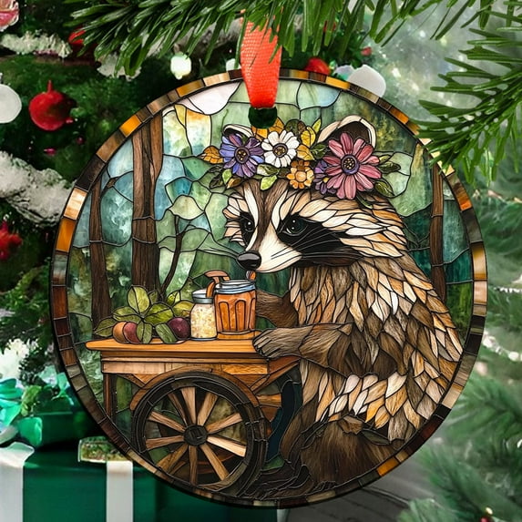 Boho Raccoon Barista Suncatchers for Windows, Ornament Window Hangings,Hand-Painted Glass Panel Perfect for Home Decorr, 2025, Holiday Decoration, 2025, Holiday Decoration,