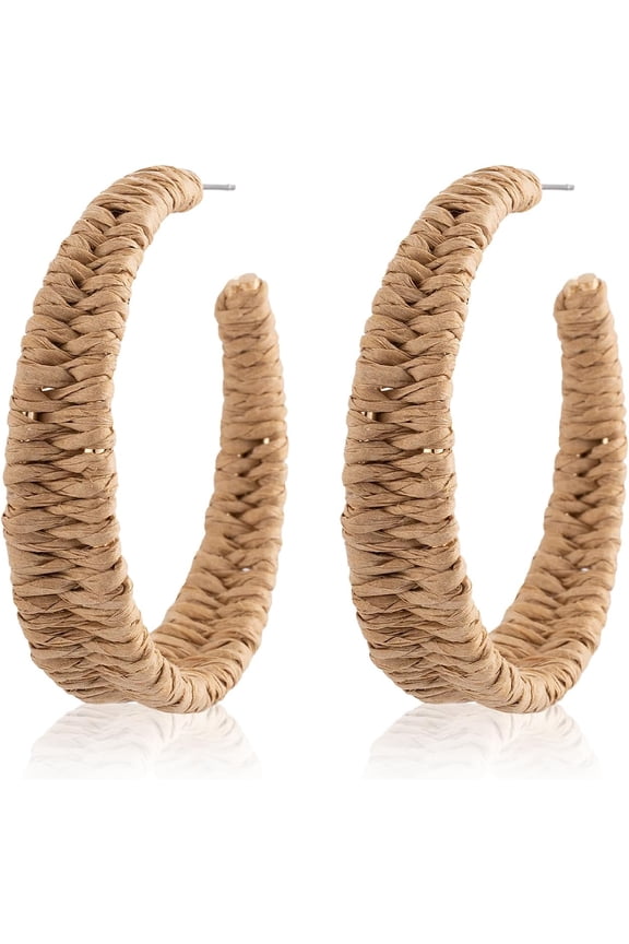 Boho Raffia Rattan Chunky Drop Open Hoop Earrings for Women