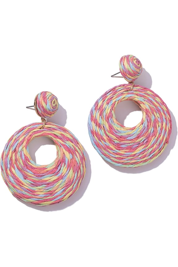 Boho Raffia Statement Circle Earrings - Cute Round Dangle Summer Handmade Rattan Jewelry for Women - Lightweight[h5082]