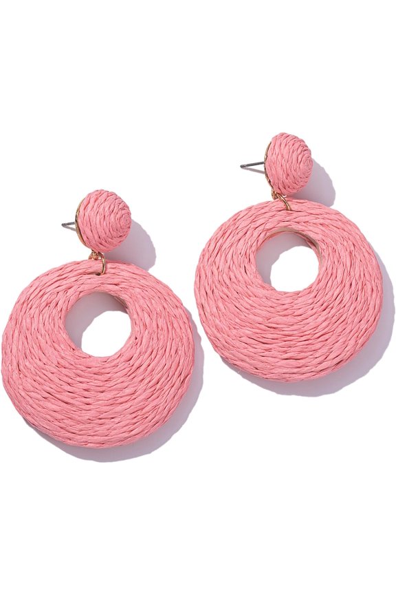 Boho Raffia Statement Circle Earrings - Cute Round Dangle Summer Handmade Rattan, Style D4717