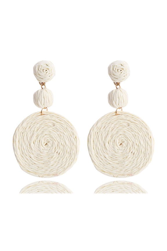 Women's Ball Earrings, Individual Raffia Round Pendant Earrings - Summer beach resort jewelry - white