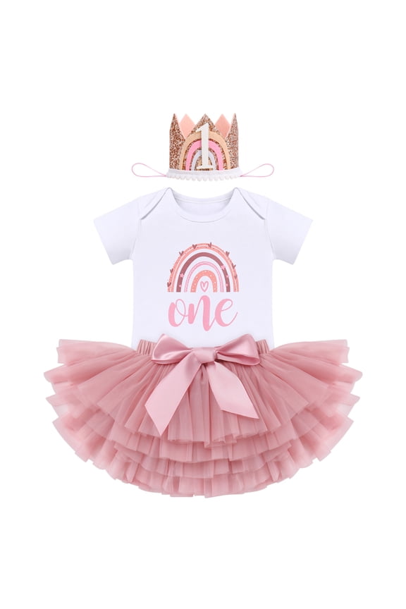 Boho Rainbow 1st Birthday Outfit for Baby Girl One Year Old Party Cake Smash Photo Shooting Cotton Short Sleeve Romper Princess Tutu Tulle Skirt Crown Headband 3pcs Set