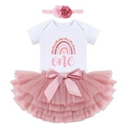 Boho Rainbow 1st Birthday Outfit for Baby Girl One Year Old Party Cake Smash Photo Shooting Cotton Short Sleeve Romper Princess Tutu Tulle Skirt Flower Headband 3pcs Set