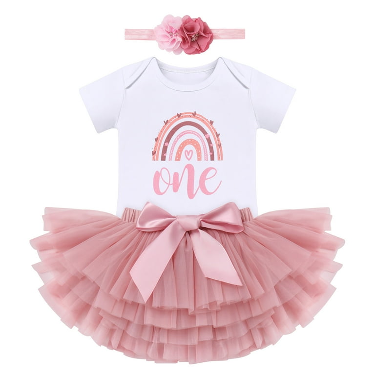 Boho Rainbow 1st Birthday Outfit for Baby Girl One Year Old Party Cake Smash Photo Shooting Cotton Short Sleeve Romper Princess Tutu Tulle Skirt