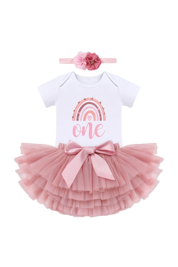 Boho Rainbow 1st Birthday Outfit for Baby Girl One Year Old Party Cake Smash Photo Shooting Cotton Short Sleeve Romper Princess Tutu Tulle Skirt Flower Headband 3pcs Set