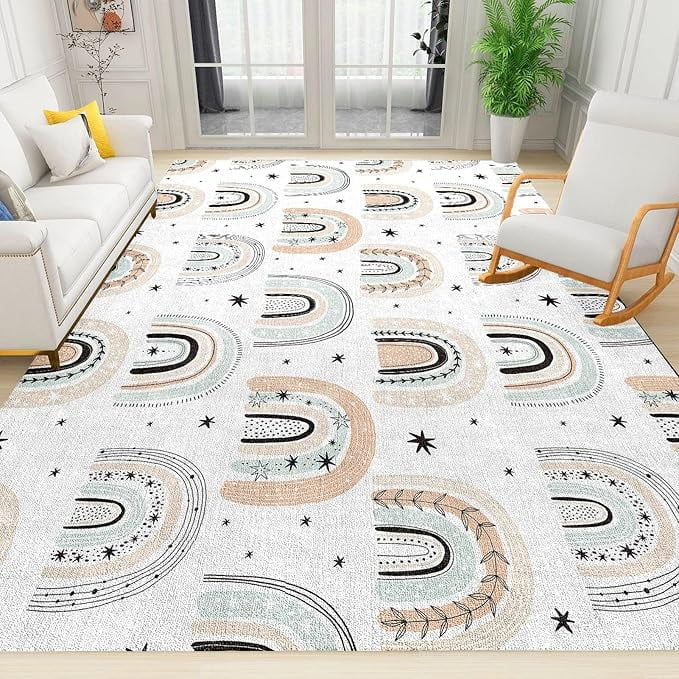 Boho Rainbow Area Rug, Colorful Contemporary Cute Kids Rugs, White ...
