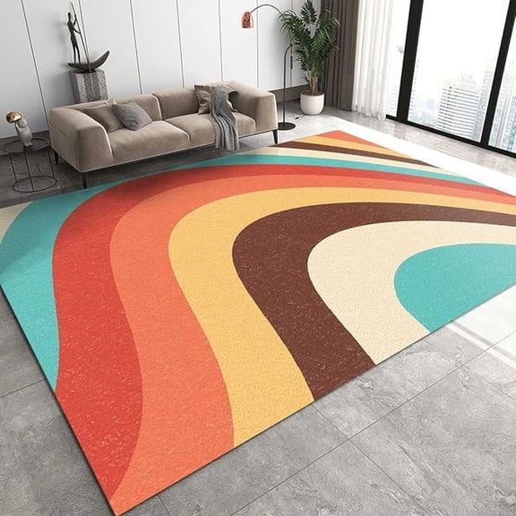 Boho Rainbow Area Rug, Retro Abstract Colourful Wavy Shapes Non Slip Bedroom Rug, Machine Washable Carpet For Indoor Living Room Office Decor Mat 4x5ft