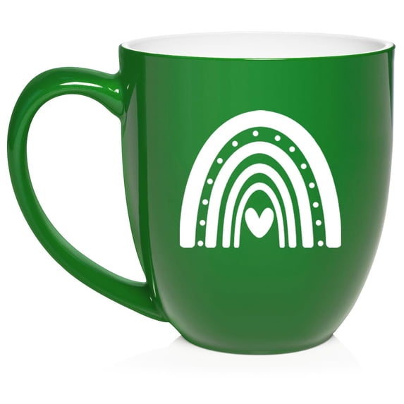 Boho Rainbow Ceramic Coffee Mug Tea Cup Gift for Her, Friend, Coworker, Sister (16oz Green)