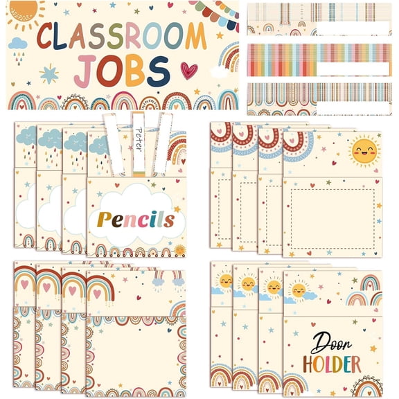 Boho Rainbow Class Jobs Bulletin Board Colorful Classroom Jobs Pocket Chart Set for to School Teacher's Helper Name Tags Decorations for Chalkboard Wall Decors