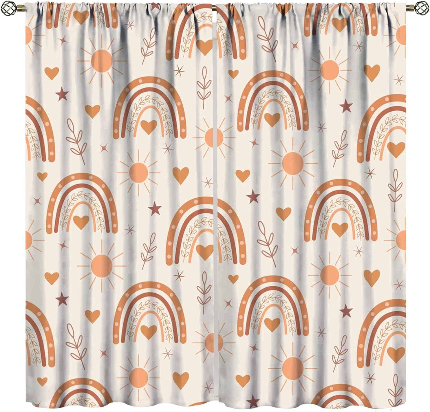 Boho Rainbow Curtains, Lovely Rainbow Love Sun and Brown Peach Star Pattern, Children Boys Girls Bedroom Living Room Nursery Nursery Decorative Curtains, 2 Panel Set,42X54 Inch