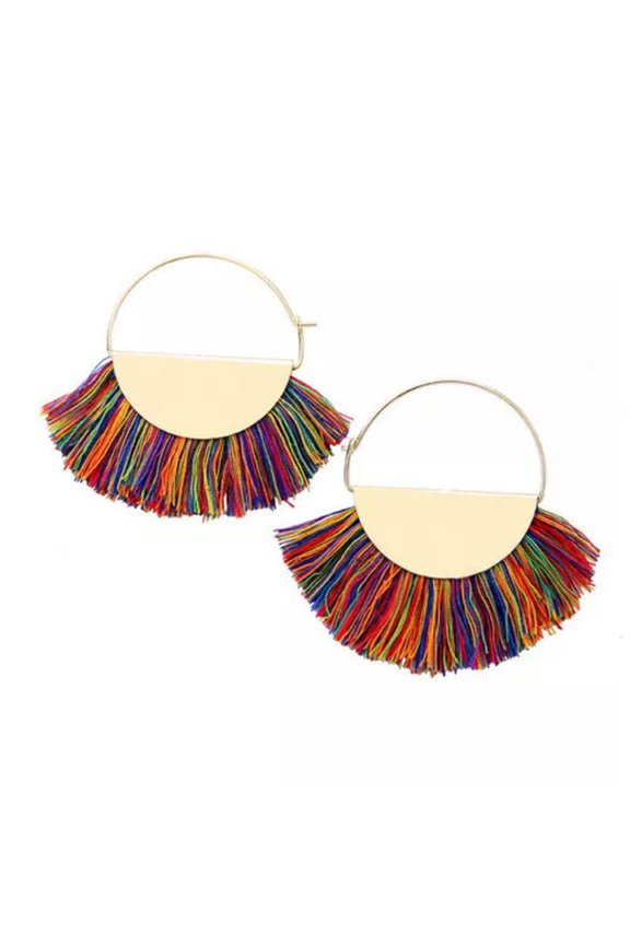 Boho Rainbow Fan Fringe Tassel Hoop Earrings Ethnic Boutique Statement Jewelry