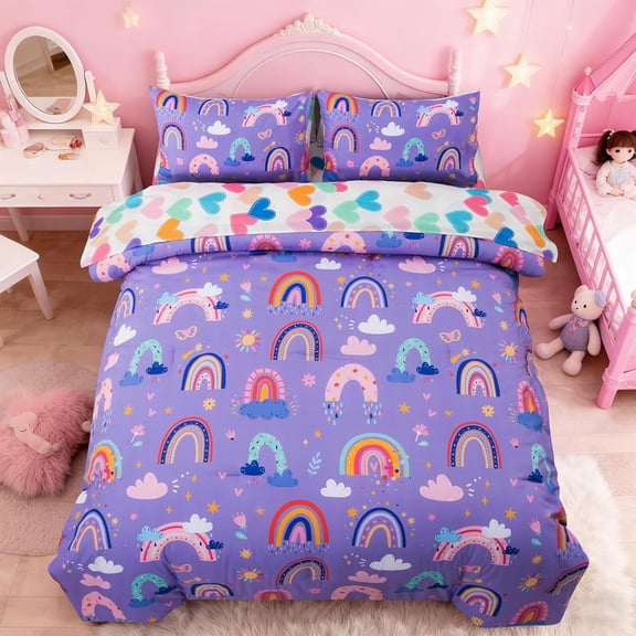 Boho Rainbow Full Comforter Set with Sheets, 5-Piece Bohemian Love Heart Star Bedding Set for Girls & Women -Super Soft Microfiber Kids Teen-girls Full Size Lavender Reversible Bed-in-a-Bag