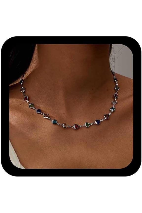 Boho Rainbow Gemstone Heart Necklace Colorful Crystal Choker Necklaces Multi Heart Bead Necklace Multicolor Cz Necklaces Gold Sparkle Rhinestone Pendant Party Prom Jewelry for Women