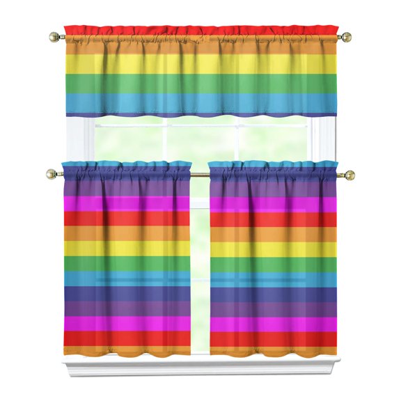 Boho Rainbow Gradient Kitchen Curtains 3-Piece Set - Watercolor Tier & Valance, Rod Pocket Short Curtains for Small Windows, Easy Care