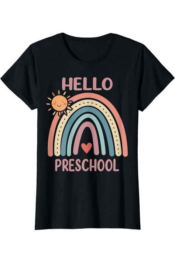 Boho Rainbow Heart For Teachers Women Hello Preschool T-Shirt