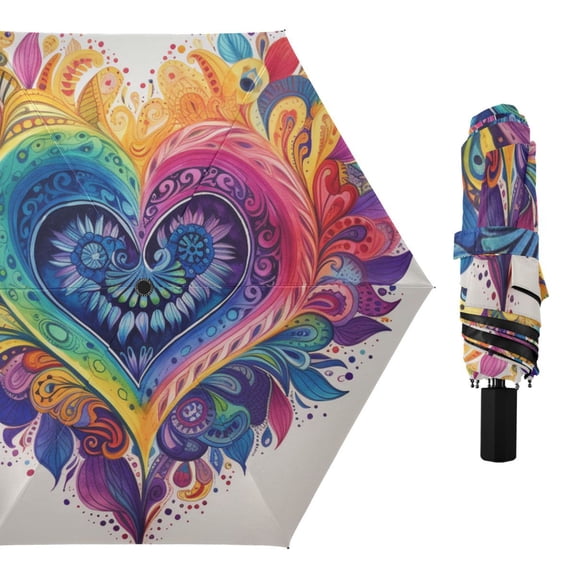 Boho Rainbow Heart Leaves Doodle All Weather Umbrella Triple Folding Parasol 6 Ribs UV Protection Portable