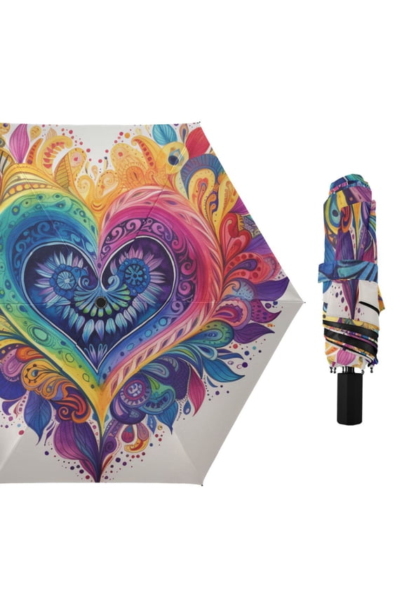 Boho Rainbow Heart Leaves Doodle All Weather Umbrella Triple Folding Parasol 6 Ribs UV Protection Portable