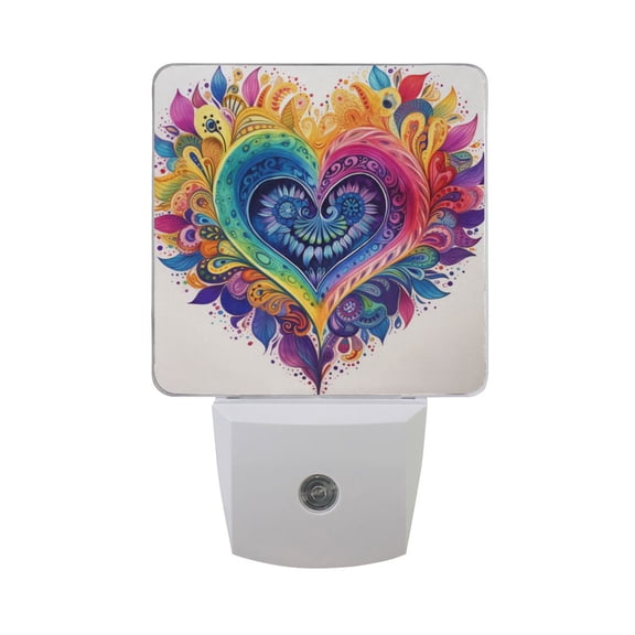 Boho Rainbow Heart Leaves Doodle LED Night Light with Smart Sensor Plug Into Wall Dusk to Dawn 2 packs