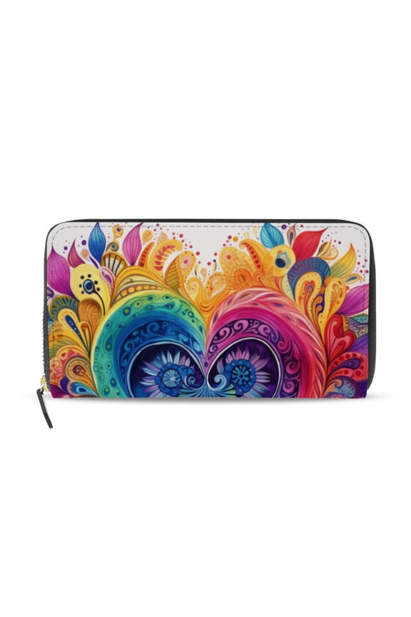 Boho Rainbow Heart Leaves Doodle Women's Long Zipper Wallet Bifold Clutch Purse PU Leather Card Cases