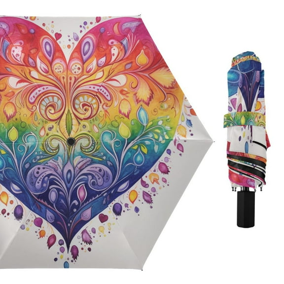 Boho Rainbow Heart Pattern All Weather Umbrella Triple Folding Parasol 6 Ribs UV Protection Portable