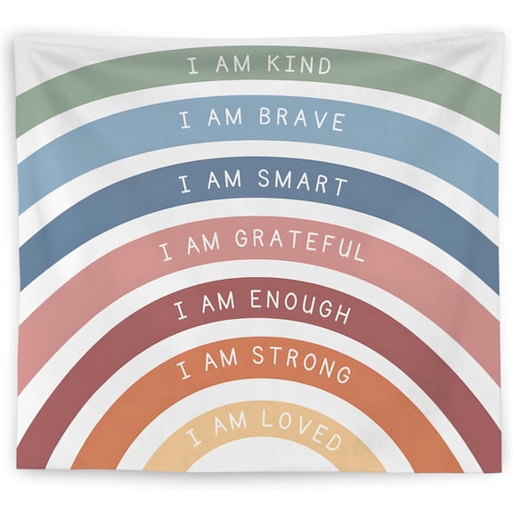 Boho Rainbow Inspirational Tapestry, I Am Kind Daily Affirmation Tapestry Wall Hanging, Motivational Positive Quotes Wall Blanket Decor for Home Bedroom Living Room Office, 50x60 Inch