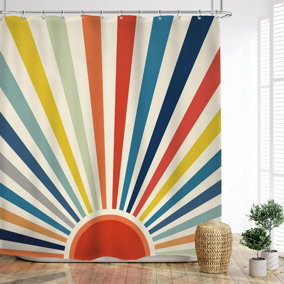 Boho Rainbow Kids Colorful Shower Curtain 72Wx72L Inches Cute Retro Sun Sunrise Groovy Bathroom Curtains Set Vintage 2000s 70s Nursery Bath Accessories Art Home Decor Fabric 12 Pack Hooks