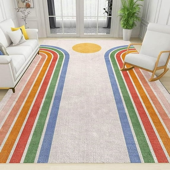 Boho Rainbow Kids Rugs, Modern Minimalist Sun Nursery Classroom Rug, Washable Soft Fluffy Indoor Large Floor Carpet For Decor Teen Boys Room Floor Lounge Bedroom Home 4 x 6ft