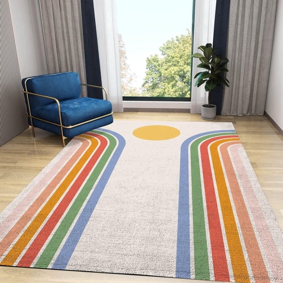 Boho Rainbow Kids Rugs, Modern Minimalist Sun Nursery Classroom Rug, Washable Soft Fluffy Indoor Large Floor Carpet For Decor Teen Boys Room Floor Lounge Bedroom Home