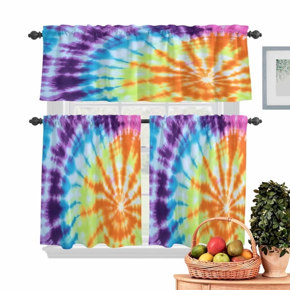 Boho Rainbow Kitchen Curtains Valances 3 Piece Set, Abstract Gradient Orange Purple Turquoise Rod Pocket Tier Curtain and Valance Drapes for Small Window 36 Inch Length for Bedroom Cafe