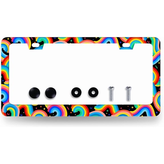 Boho Rainbow License Plate Frame Colorful License Plate Holder Stainless Steel Funny Colorful Car Accessories Decoration 6.3" X 12.3" with 2 Holes Screws