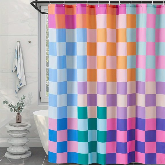 Boho Rainbow Multicolor Checkered Plaid Print Waterproof Fabric Shower Curtain With Hooks Minimal Bathroom Decor
