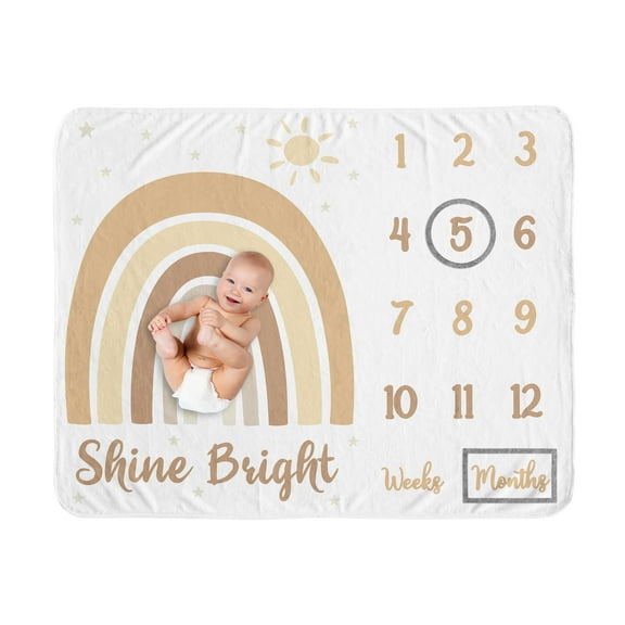 Sweet Jojo Designs Boho Rainbow Neutral Tan Yellow and White Fleece Milestone Baby Blanket 3 Piece Set
