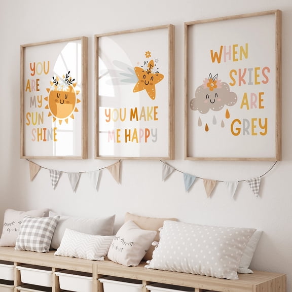 Boho Rainbow Nursery Rainbow You Are My Sunshine Neutral Decor Sun Girls Room Decor Playroom Decor Set 3 Stretched Canvas 16x24