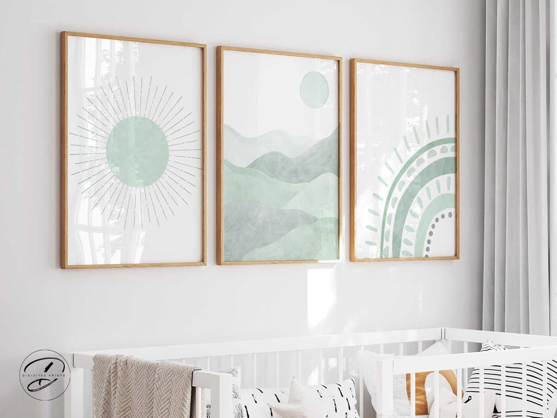 Boho Rainbow Nursery Wall Art Prints, Sage Green, Neutral Sunshine ...