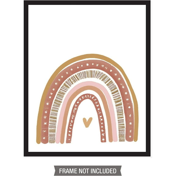 Boho Rainbow Nursery Wall Art Set of 3 Prints for Home Decor (8" x 10" Unframed on Premium Fine Art Matte Paper) Rainbow, Cloud Raining Hearts and Sunshine in Muted Pink