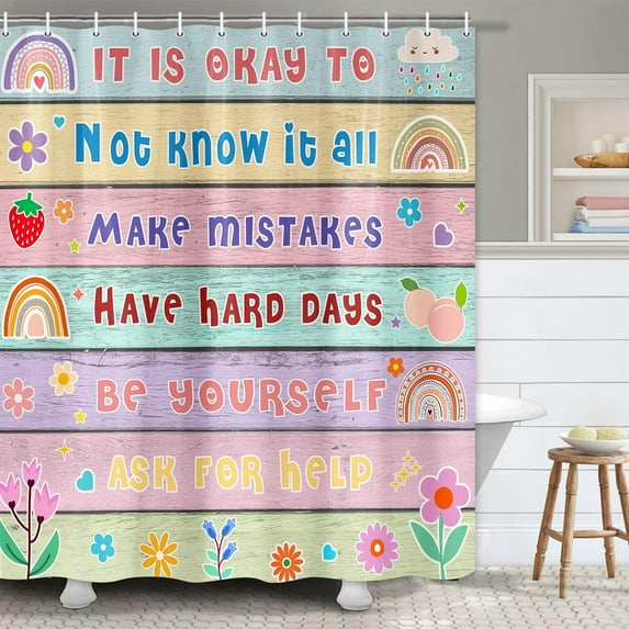 Boho Rainbow Positive Quotes Shower Curtain for Bathroom, Rustic Floral Flower Wooden Board Inspirational Motivational Shower Curtains, Cute Modern Kids Girls Shower Curtain Set with Hooks72X72Inches