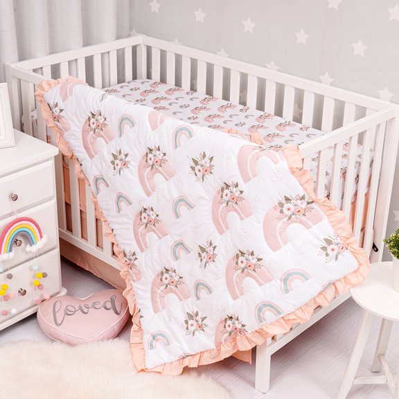 Boho Rainbow, Premium, 100% Organic Cotton 4-Piece Baby Nursery Bedding Crib Set | Baby Comforter | 2 X Fitted Crib Sheets | Crib Skirt (Peach, Teal, White)