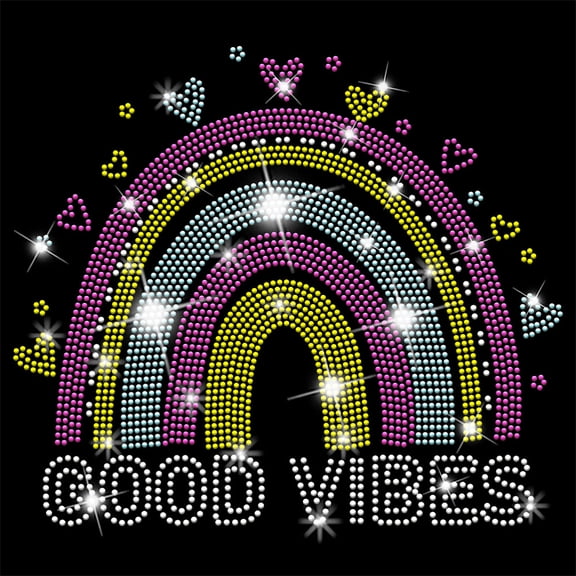 Boho Rainbow Rhinestone Decals Good Vibes Rhinestone Transfers Patches Heart Shape Iron on Applique Diamond Heat Transfer Sticker